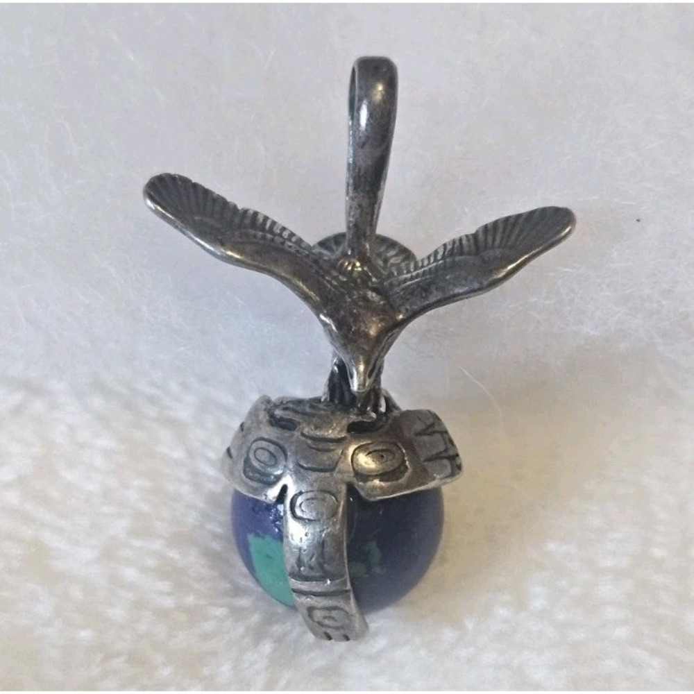 Vtg 1993 Signed Alice Sterling 925 Soaring Eagle World Globe Art Glass Pendant